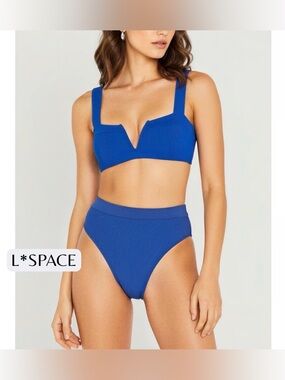 l*space Cobalt Blue Ribbed V-Notch High-Waist Bikini